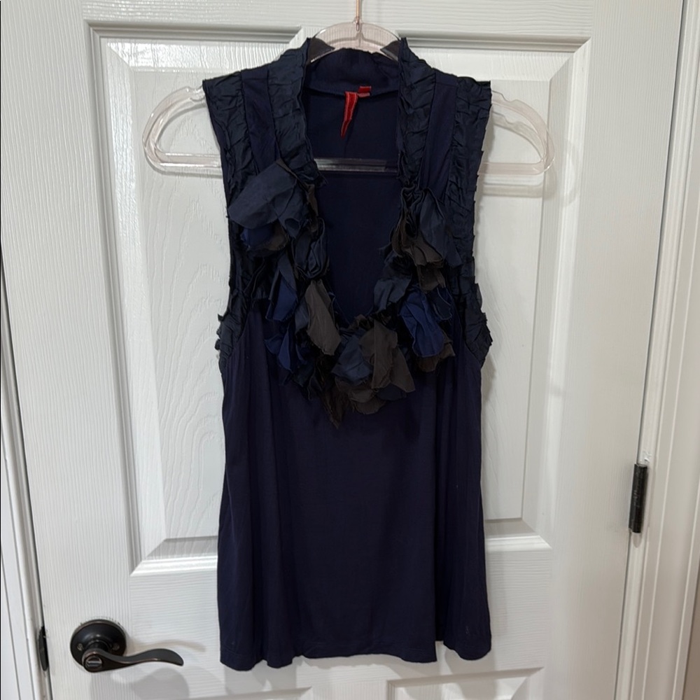 Anthropologie One September Navy S/Less Ruffled V-Neck Blouse